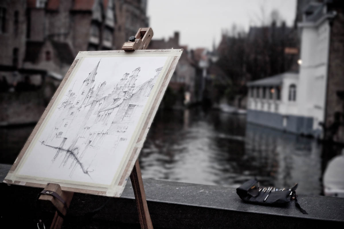 painting disegno matita pencil Dijver waterloop canale canal bruges brugge belgio belgium Canon 50mm f/1.8 5d ff